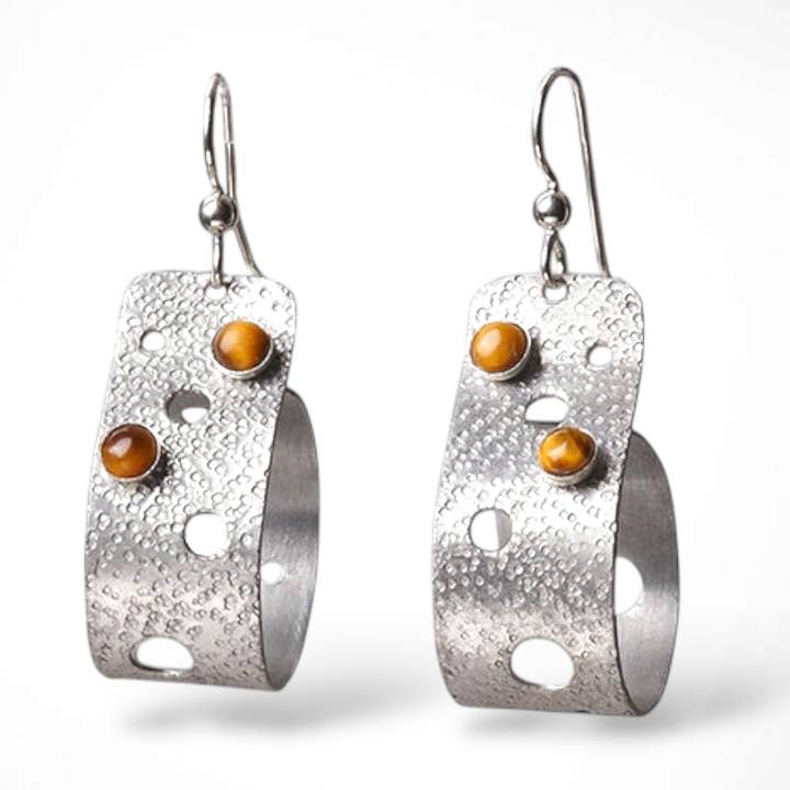 BORE Hammered Metal and Tigereye Dangle Loop Earrings for wholesale by Chick Boss LLC