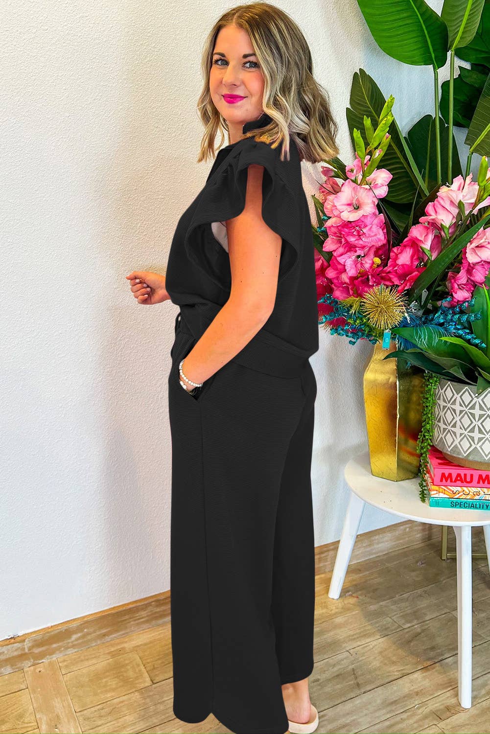 Babs + Birdie – wholesale Top & pants set (NOT Loungewear) – Women's – The Nova | Textured Ruffle Top and Wide Leg Pants Set13