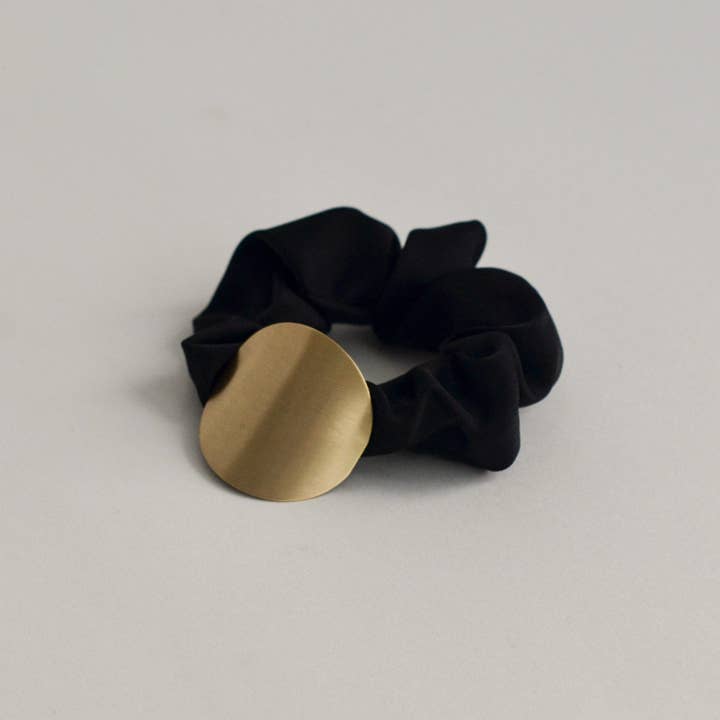 Satin Scrunchie with Round Gold Charm | Black for wholesale by nar'sha