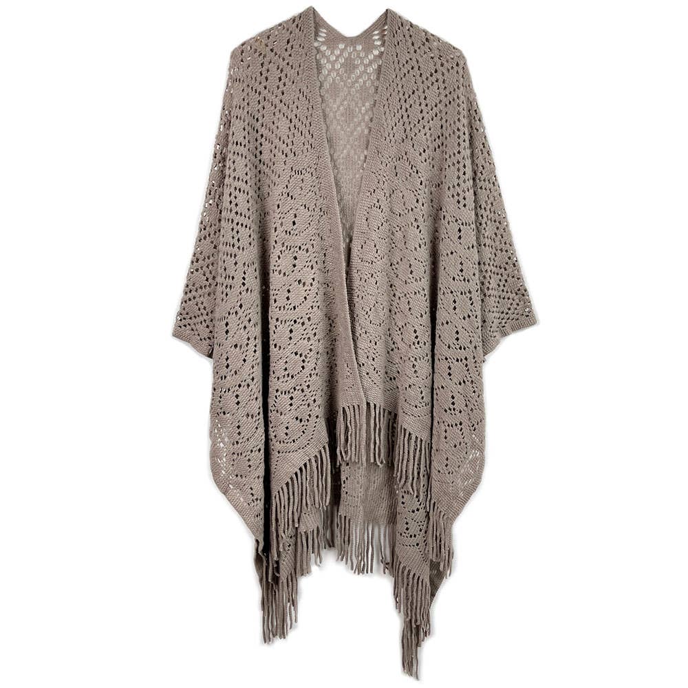 Sensibling Corp. - Wholesale Poncho - Women's - Fringe Open Knit Crochet Draped Shawl Wrap Ruana Poncho9
