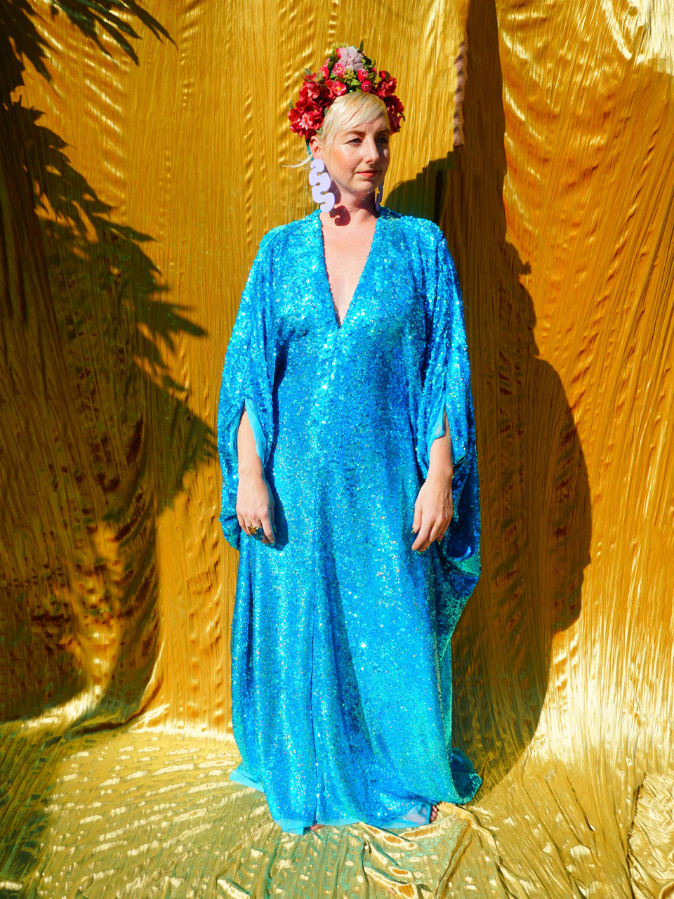 Fumbalinas – wholesale Kaftan – Women's – Turquoise Holographic Sequin Maxi Kaftan Gown / Kimono Robe11