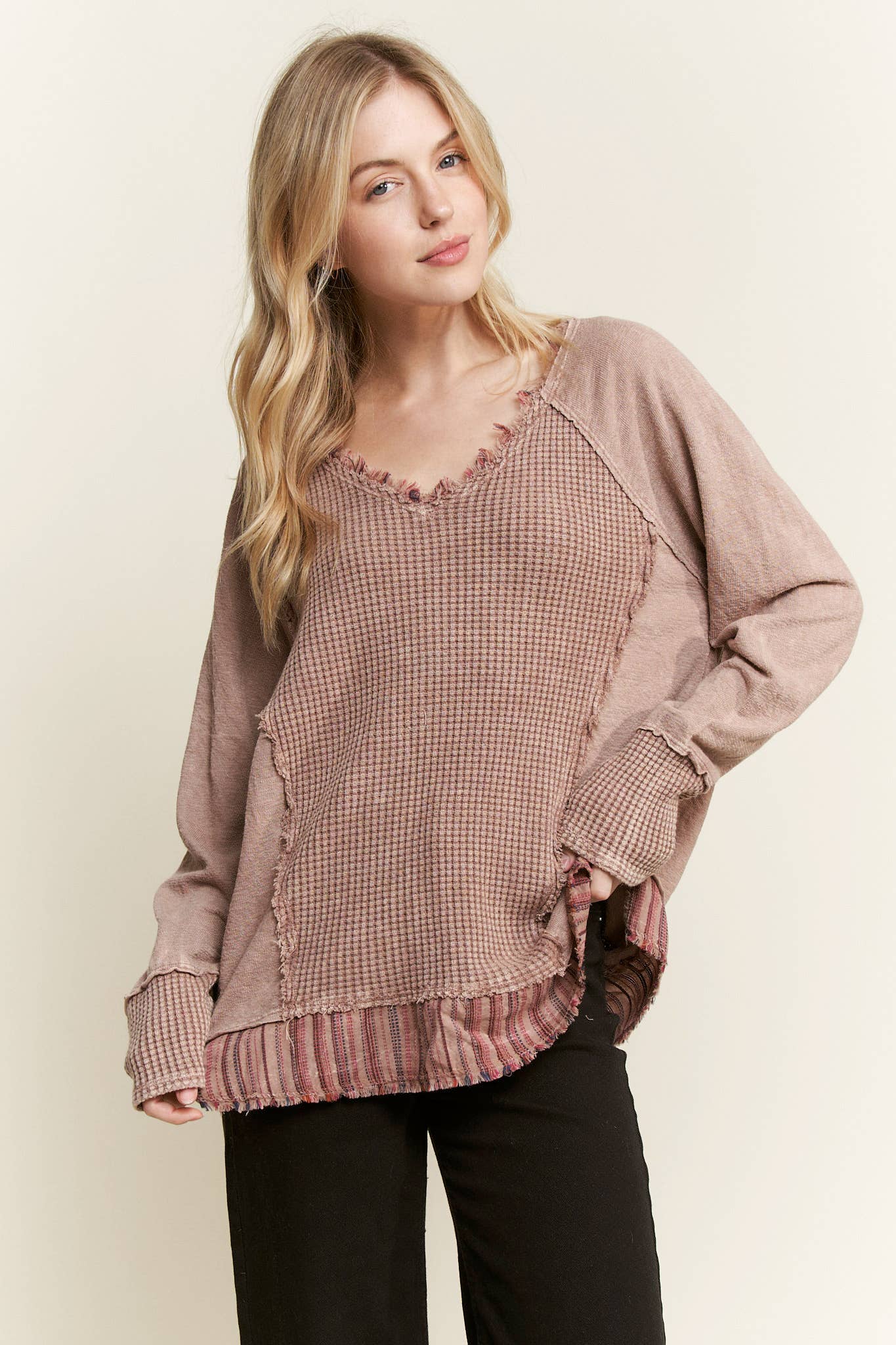 J.Her - Wholesale Knit Top - Women's - MineralWash Frayed stripe Waffle Melangie knittop  HT59112
