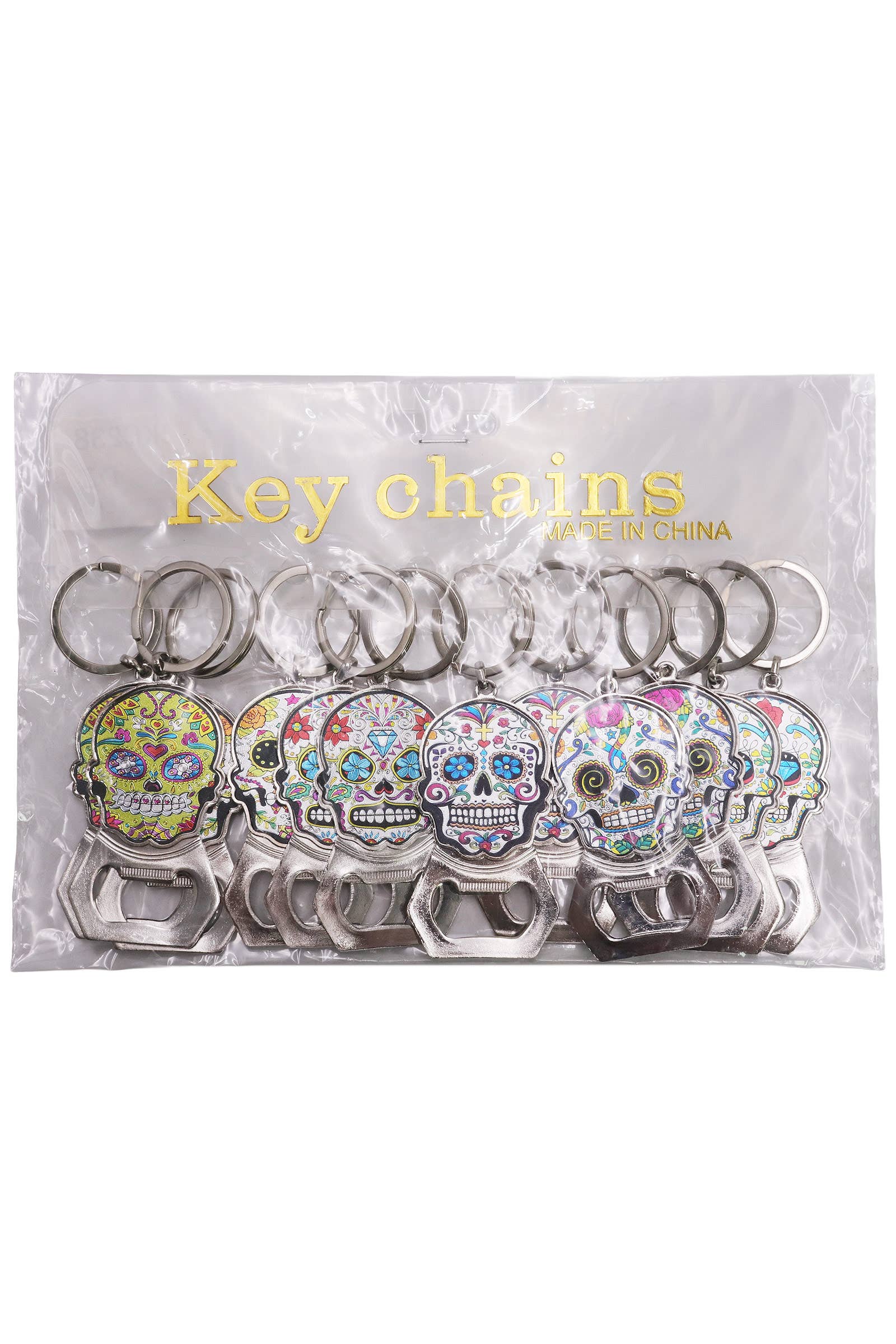 ASSORTED Sugar Skull Enamel Bottle Opener Key Chain for wholesale on Faire2