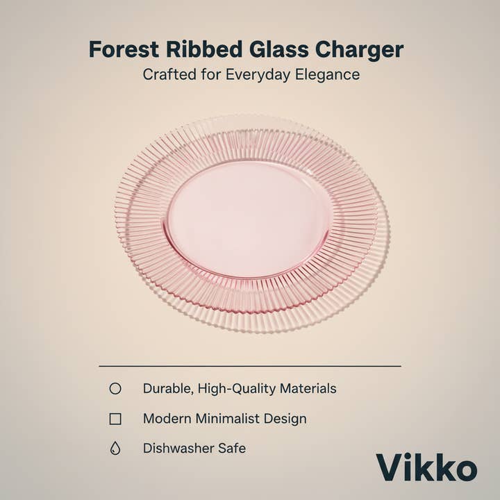 Kadra Kitchenware - Wholesale Charger Plate - Vikko - Decor, Forest, Ribbed Glass Charger, Pink, 13"3