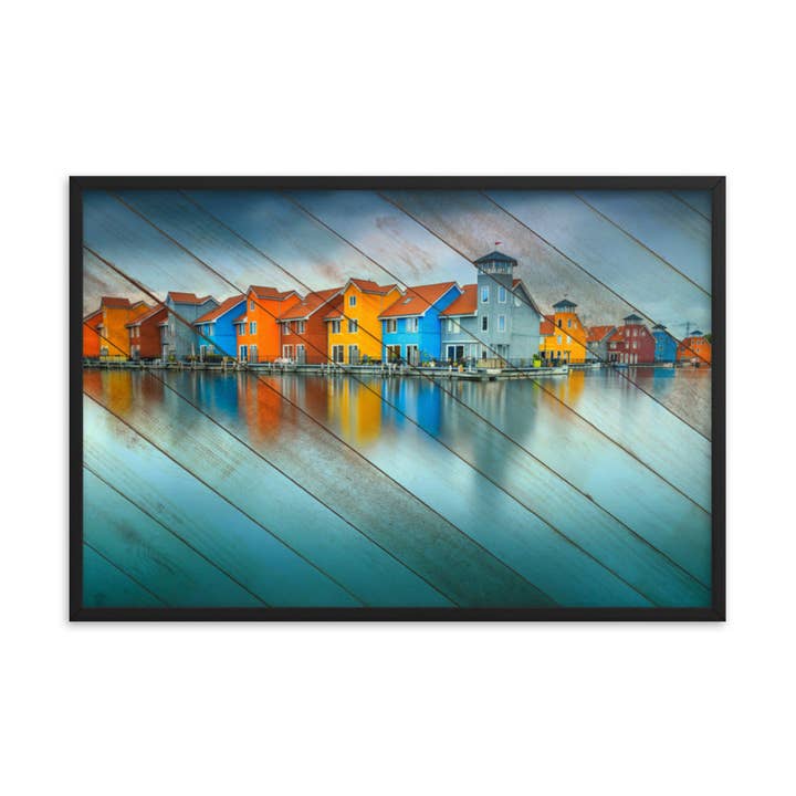 Faux Wood Blue Morning at Waters Edge indrammet vægkunst for engroshandel hos Pipa Wall Art & Home Decor