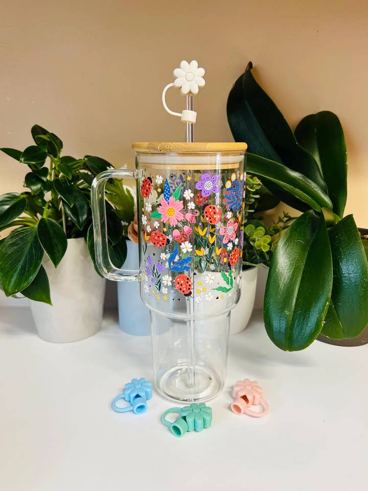 40oz glazen beker, Cottagecore beker, Lieveheersbeestje koffiebeker voor wholesale door MommyandMarie