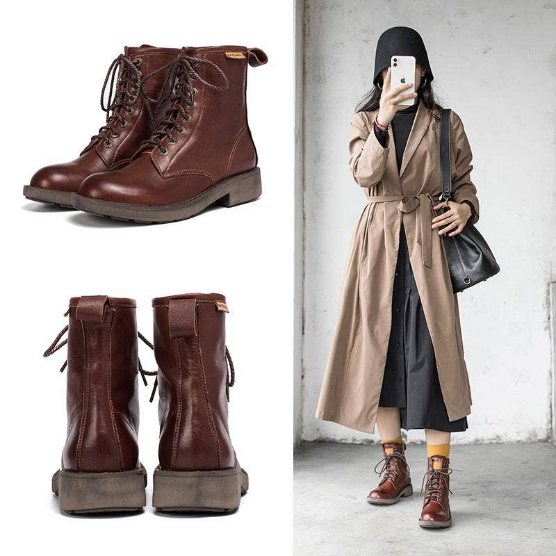 DWARVES – Großhandel Combat Boots – Damen – Modische Kampfstiefel aus Lammfell, Designer-Retro-Reitstiefel, dickes Design, Kaffee/Dunkles Kaffee/Schwarz7