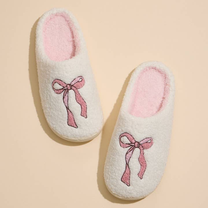 PK Elegant Plush Slippers with Soft Pink Bow Detail for Christmas Gift for wholesale on Faire2