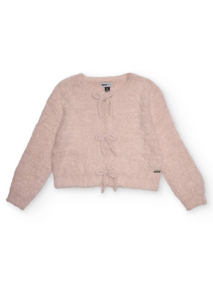 Pink knit cardigan for girl with decorative bow for wholesale by tuc tuc