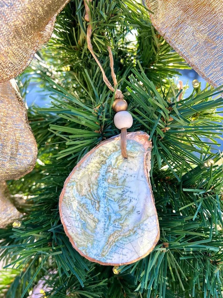 Gilded Vintage Map Art Chesapeake Bay Oyster Shell Ornament for wholesale by Lowtiding