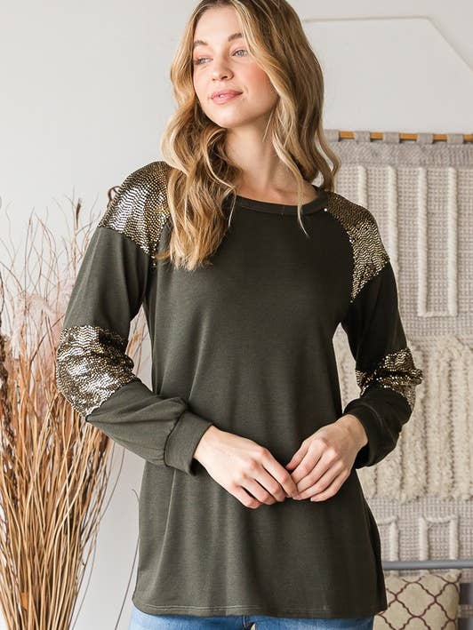 HEIMISH - Wholesale Tunic - Women's - ET6842-10 PUFF SLEEVE SOLID AND SEQUINS TOP1