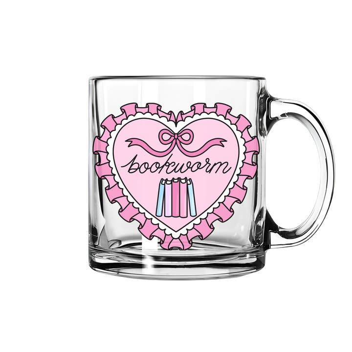 Bookworm Ruffle Heart Bookish Glass Mug for wholesale by Nearly June Design Co
