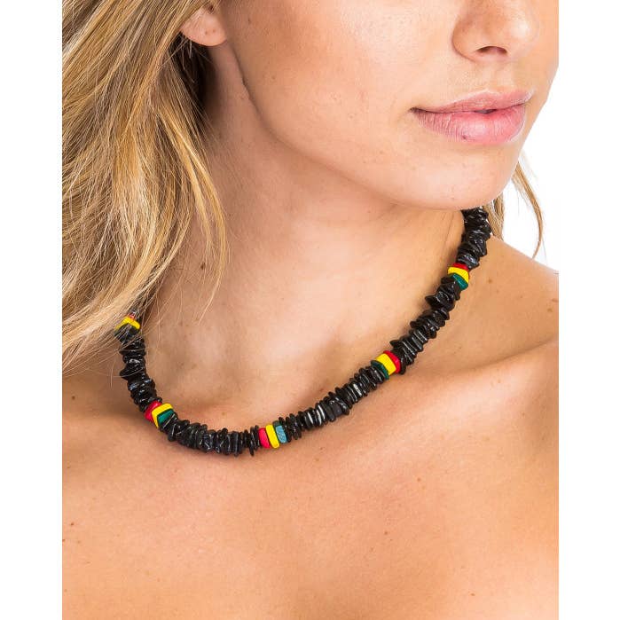 DK Hawaii - Wholesale Beaded/Pearl Necklace - 18" Black Rasta Rose Clam Shell Necklaces0