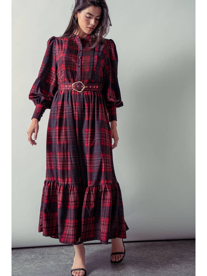 Urban Daizy - Wholesale Dress - Women's - Plaid Belted Layered Button Down Balloon Sleeve Maxi Dress2