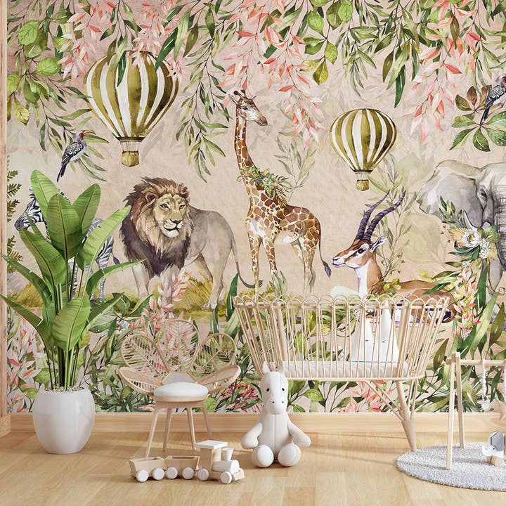 Safari Dyr Børneværelse Vægmaleri, Aftagelig Jungle Tapet for engroshandel hos SimurgWallArts