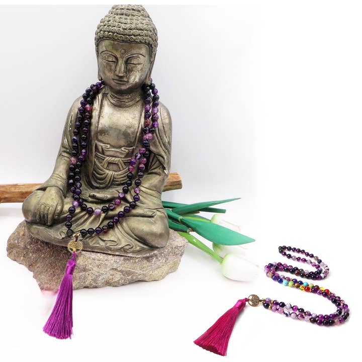Atisha Spiritual Shop - Wholesale Beaded/Pearl Necklace - LHAMO ~ JAPAMALA 108 beads in FIRE AGATE, PURPLE AGATE AND MULTICOLOR STRIPED AGATE, LAPIS LAZULI AGATE5