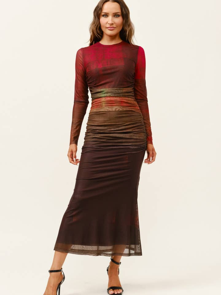 Ombre Mesh Ruched Long-Sleeve Midi Dress for wholesale by Miss Avenue