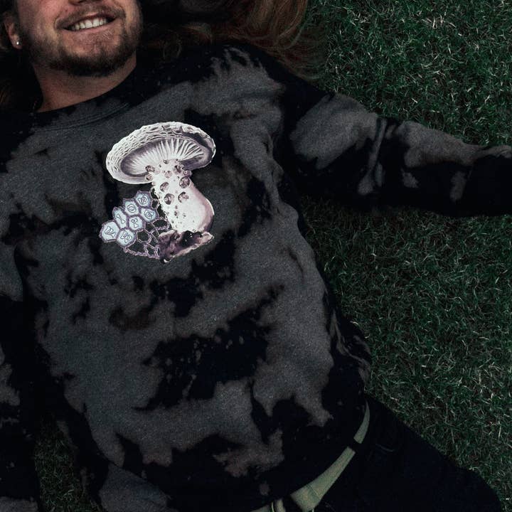 "Mushroom" Black Bleached Sweater - Mushroom Graphic Sweater for wholesale by Flow Era