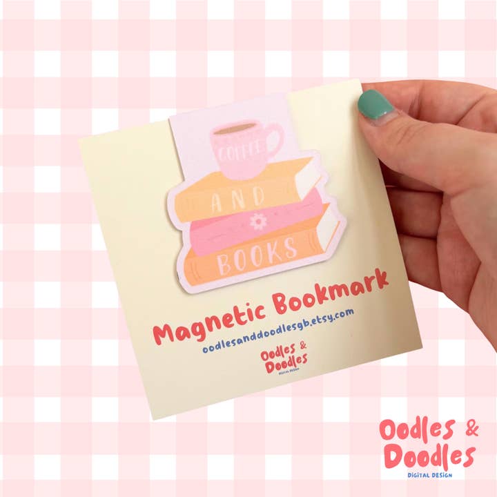 Coffee and Books Magnetic Bookmark - Pink and Orange for wholesale by Oodles & Doodles