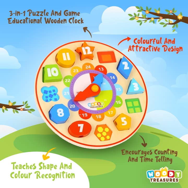 Woody Treasures - Wholesale Wood Toy - Kids - Sorting Toy Wooden Teaching Clock for Kids2