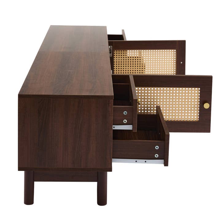 Urban Meuble - Wholesale Console Table - Vintage-style walnut wood effect TV stand with 2 rattan doors, 4 drawers 180*35*44cm KUQON16