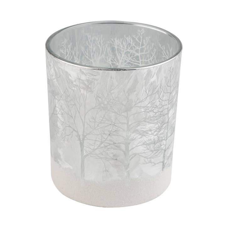 Silver Tree Home & Holiday - Wholesale Candle Holder - A00165: Glass holder TP,slv,glit base,forest,rdeer ptrn,4in0