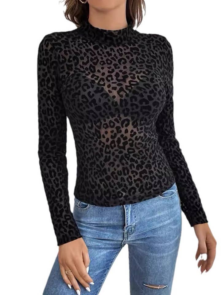 Black Leopard Print Sexy Mesh Top DPT2622 for wholesale on Faire7