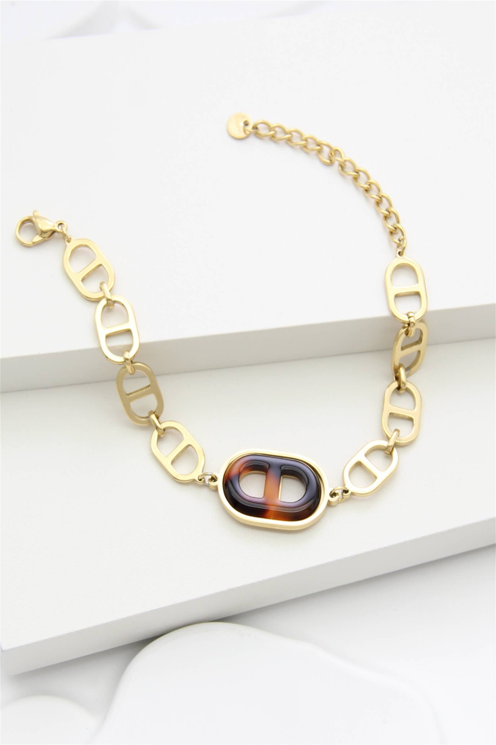 Enamel Link Bracelet Tortoiseshell Effect Gold Stainless Steel for wholesale on Faire2