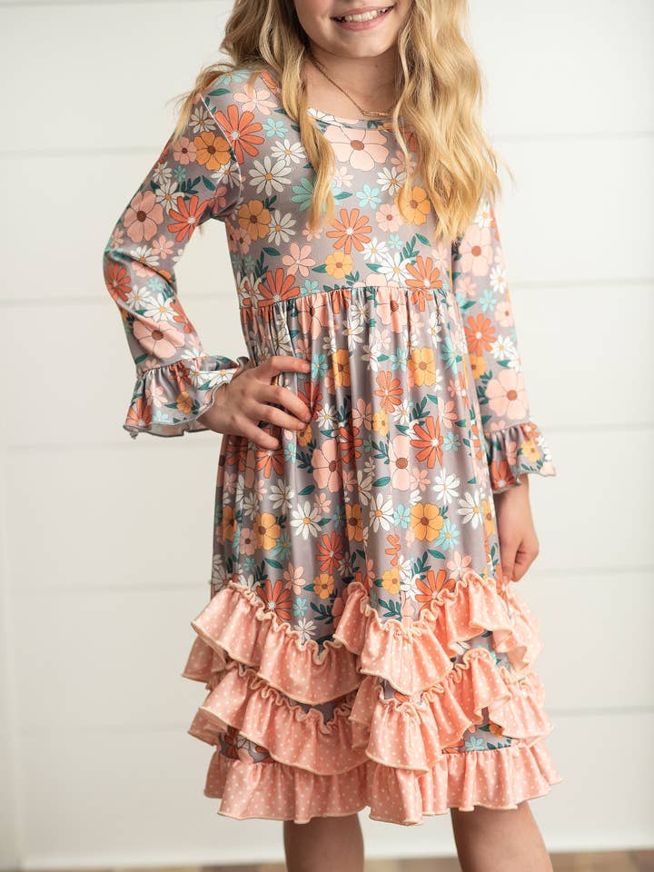 Adorable Sweetness - Wholesale Dress - Kids - Kids Peach Vintage Floral Long Sleeve Fall 3 Ruffle Dress0