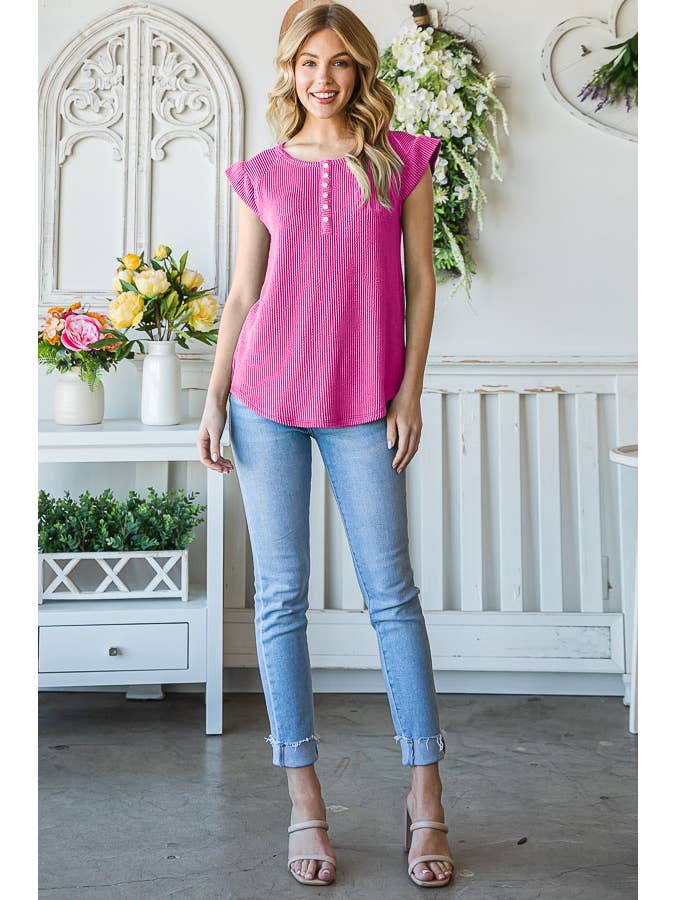 7th Ray – Engroshandel Strikket top - Dame – Solid Rib Knap-Front Flæseærme Top T51563