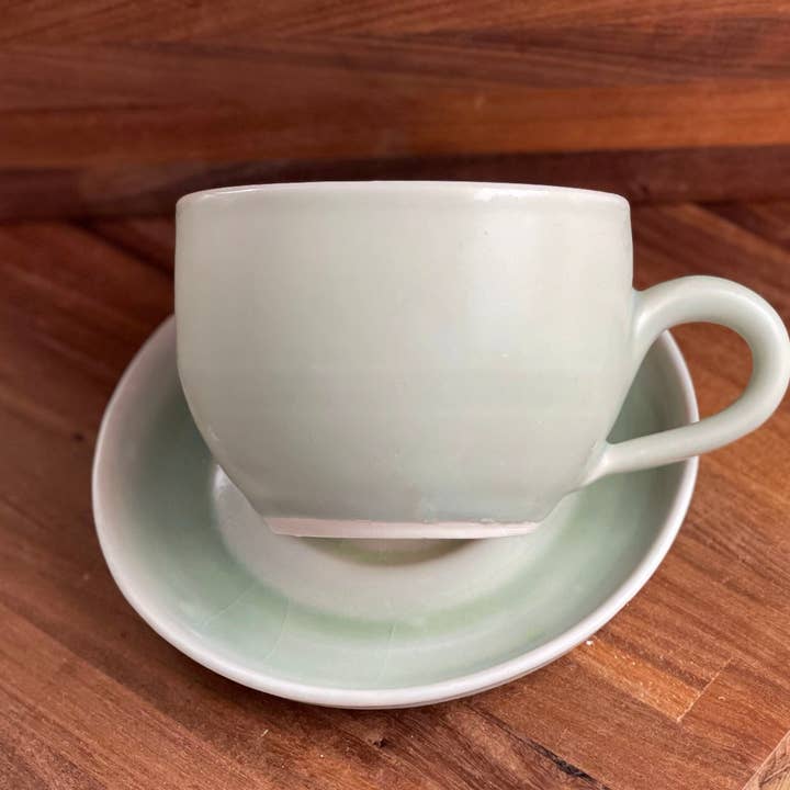 Pretty Soft Green & Pink Handmade Porcelain Cup and Saucer Set for wholesale by Chrys' Porcelain