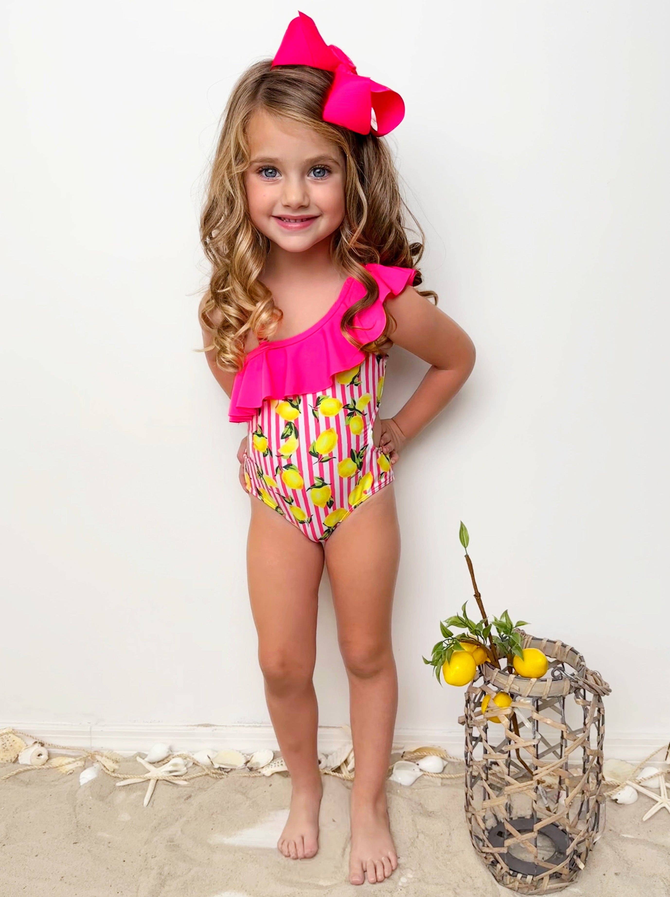Pink Squeeze The Day Lemon Print Striped Swimsuit and Wrap for wholesale on Faire5