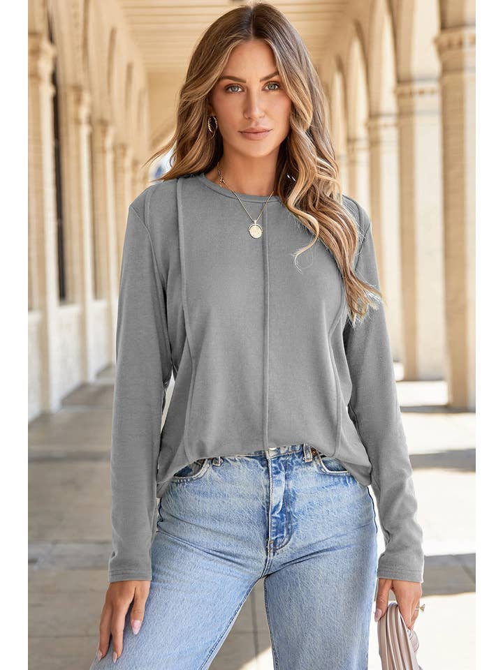 PRETTY BASH - Wholesale Knit Top - Women's - Solid Reverse Seam Crew Neck Long Sleeve Top18