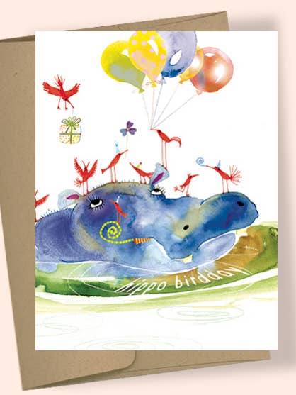 HIPPO BIRDDAY WATERCOLOR GREETING CARD for wholesale by Studio Masha D'yans