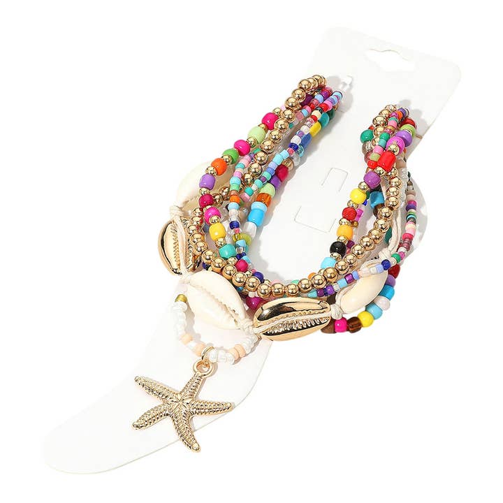 Sensibling Corp. – wholesale Jewellery set – 6PCS - Starfish Charm Accented Conch Shell Seed Beaded Multi Layered Anklets2