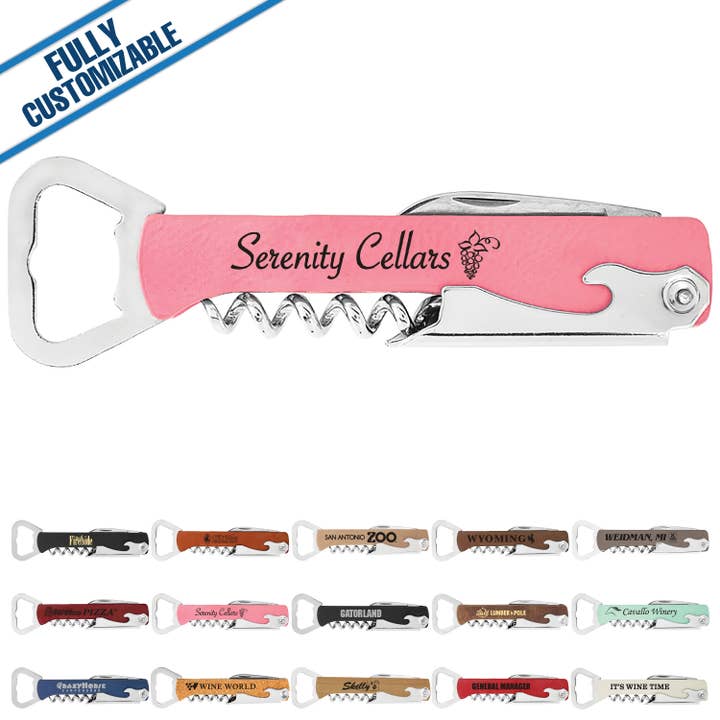 GiftWorksPlus - Wholesale Bottle/Wine Opener - Engraved Leatherette Bottle/Wine Opener - Fully Customizable
