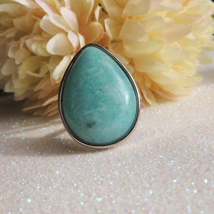 AMAZZONITE SILVER base AKASA DROP ~ Adjustable ring in natural AMAZONITE for wholesale on Faire2