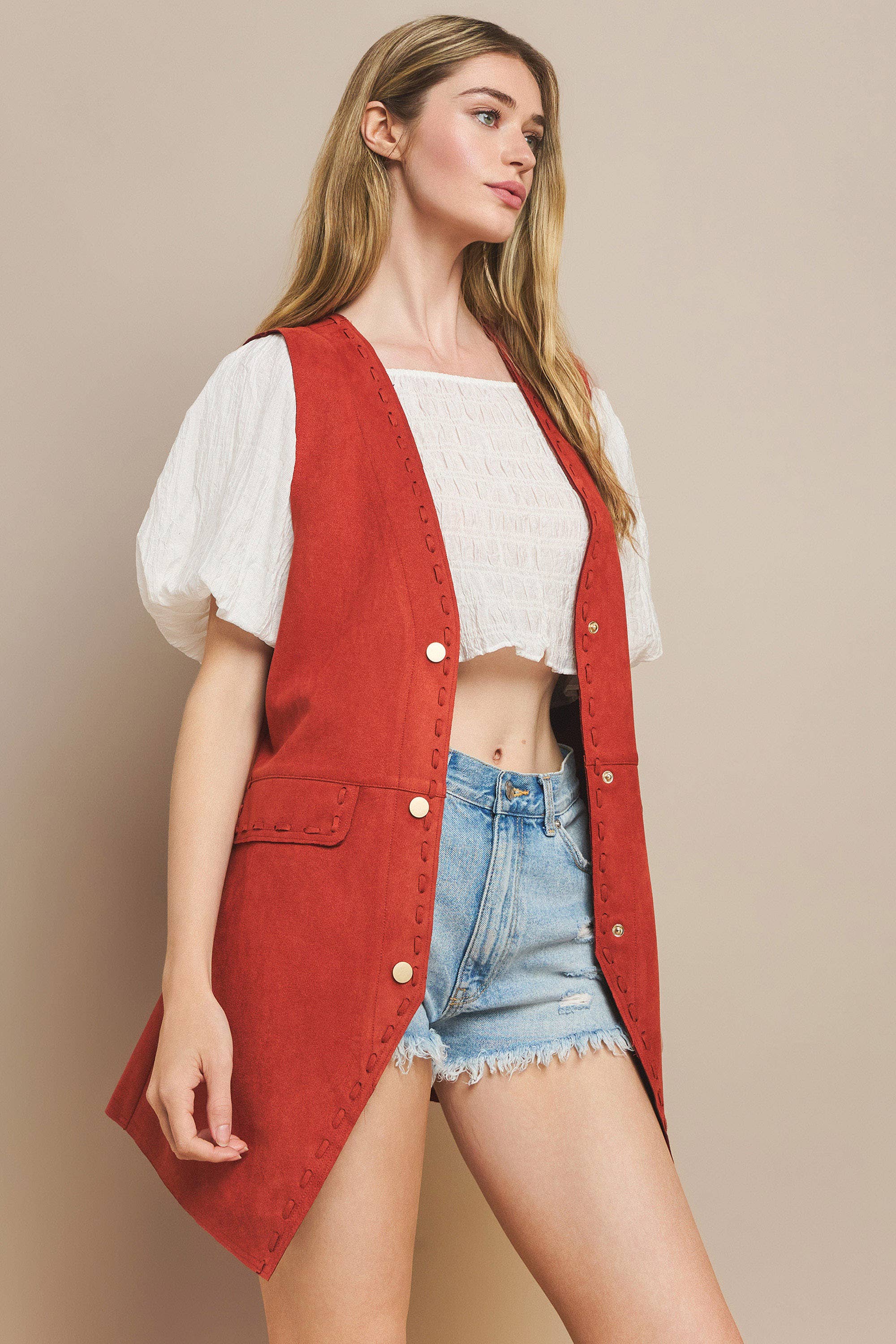 WISTERIA LANE - Wholesale Outerwear Vest - Women's - SUEDE MIDI VEST - RUST 6432JIA  5