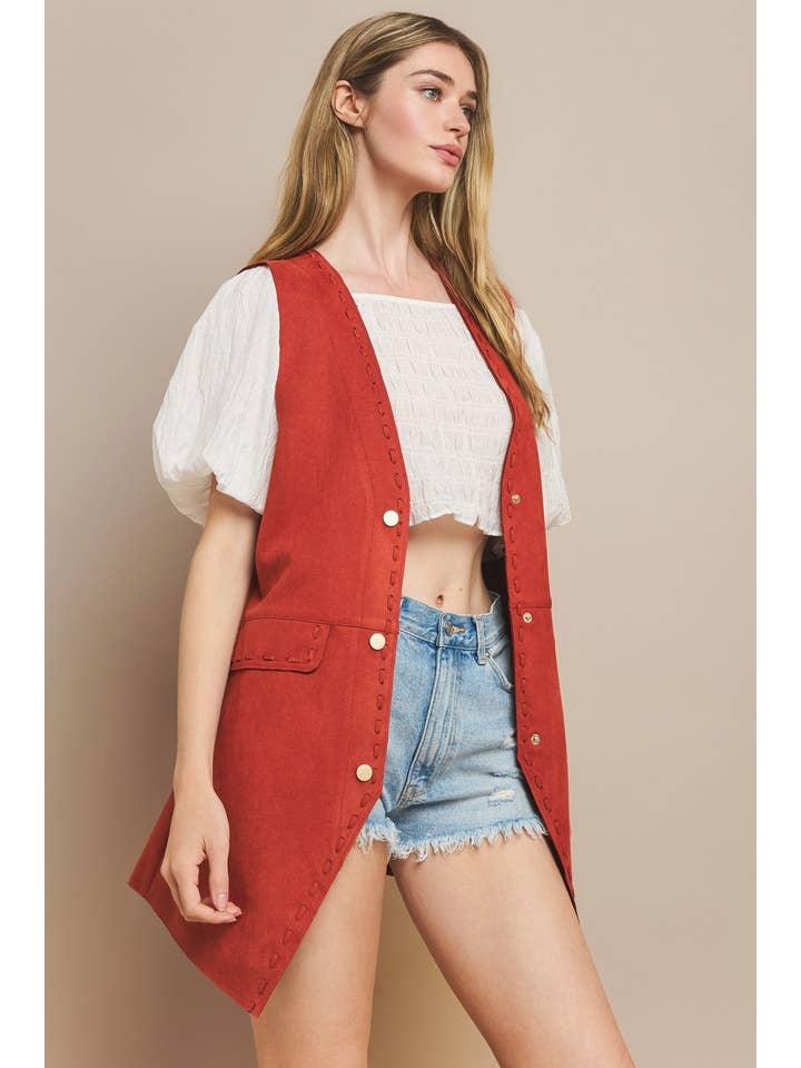 WISTERIA LANE - Wholesale Outerwear Vest - Women's - SUEDE MIDI VEST - RUST 6432JIA 5