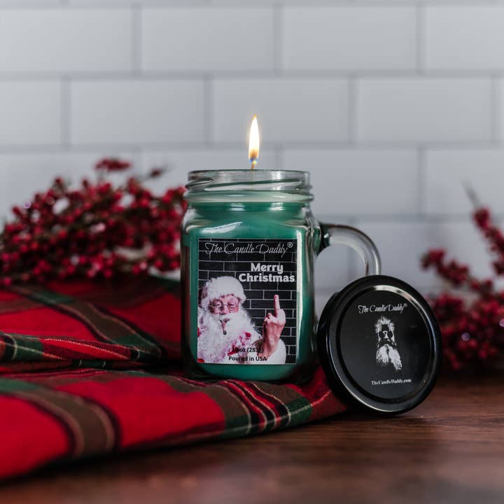 The Candle Daddy - Wholesale Jar/Filled Candle - Merry Christmas Santa Middle Finger 10oz Mason Jar Candle