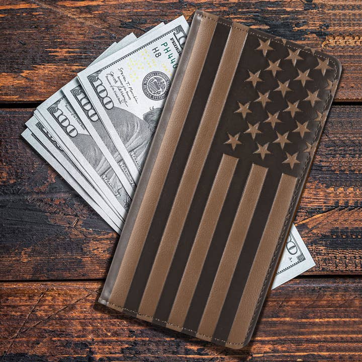 Brown MW-615 Patriotic Collection Men's Bifold Long PU Leather Wallet for wholesale on Faire