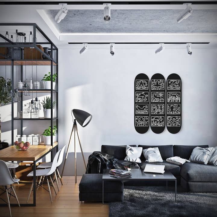 SkateboardArtsy - Wholesale Wall Accent - Keith Haring - 1989 Retrospect Black and White Edition - 3 Piece Skateboard Wall Art2