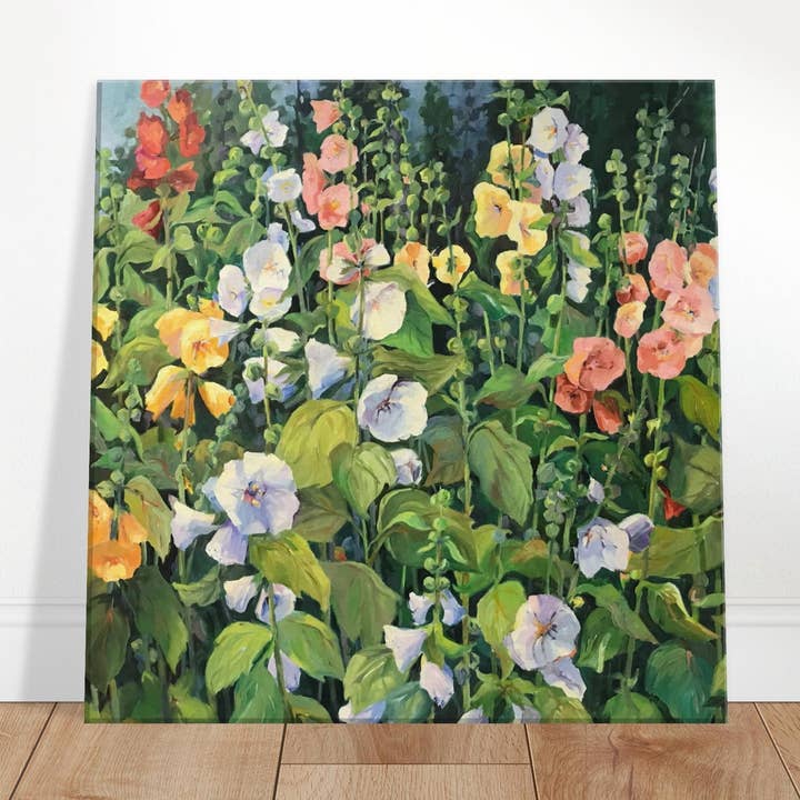 Impression d'art sur toile "Hollyhocks" Floral I 16x16 pouces I Œuvre originale de l'artiste américaine Barbara Cleary pour la vente par Barbara Cleary Designs