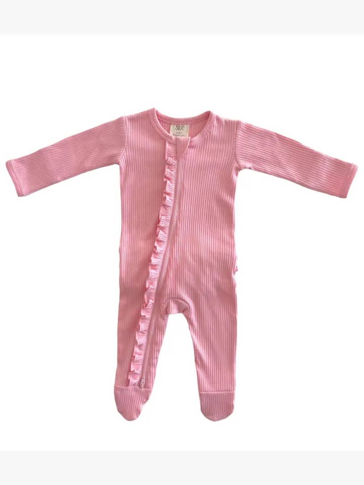 SIIX Collection - Wholesale Jumpsuit - Baby - Pink / Organic Ribbed Frill Zip Footie (Baby - Kids)