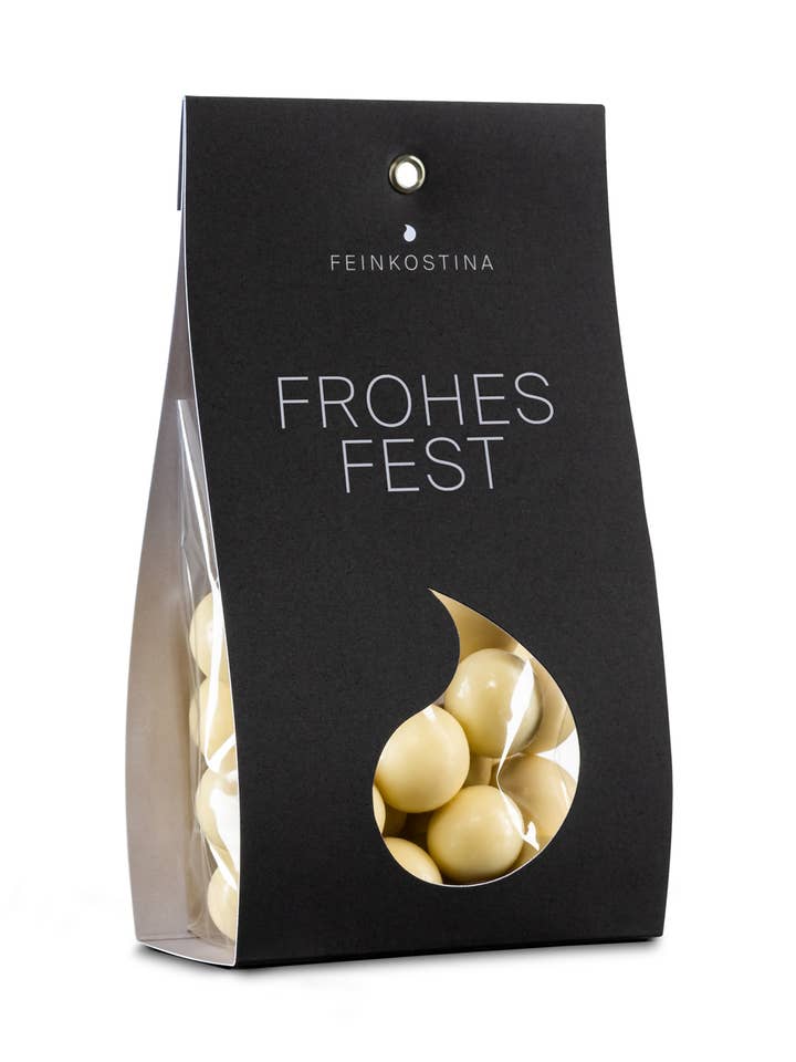 Frohes Fest - Haselnuss Dragees mit weißer Schokolade für den Großhandel von Feinkostina