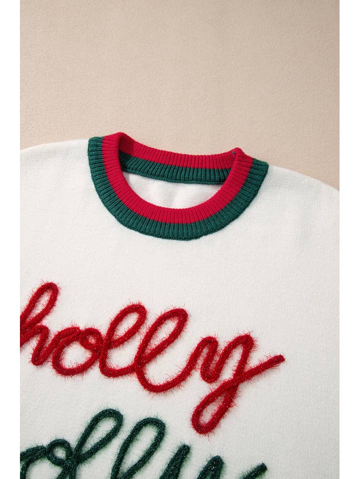 White Tinsel holly jolly Pattern Plus Size Long Sleeve Sweater for wholesale on Faire