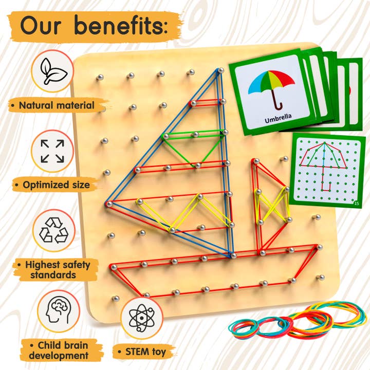 Panda Brothers - Wholesale Wood Toy - Kids - Montessori Toy for Kids - Wooden Geoboard with rubber bands