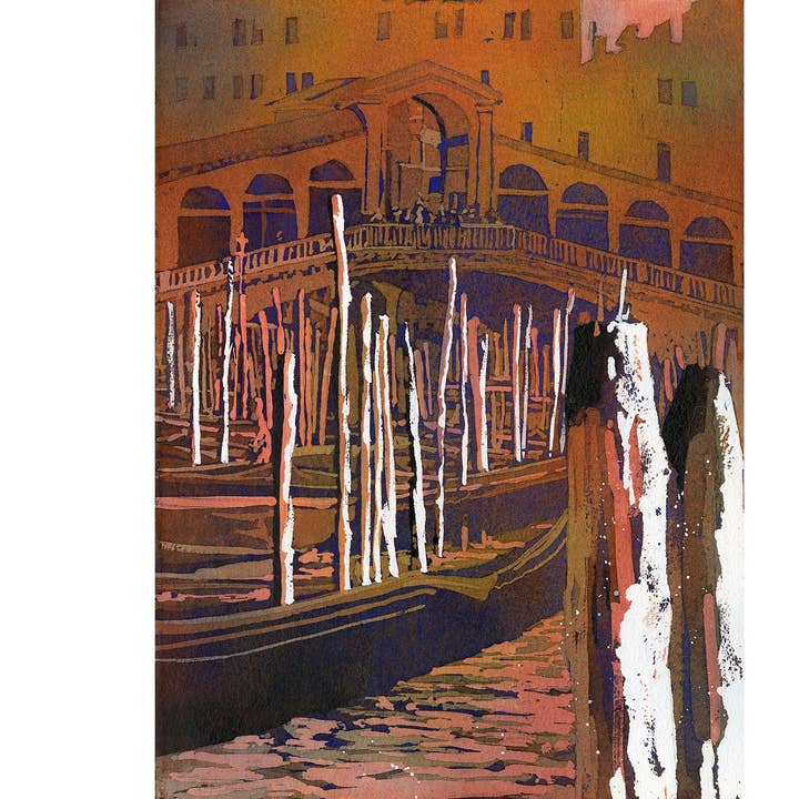 Venice, Italy fine art painting of Rialto Bridge and gondola. Watercolor painting of Venice red artwork gondola Italy Venice artwork giclee for wholesale by Ryan Fox Fine Art