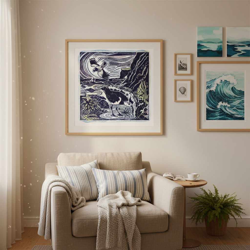 Jamie Poole – wholesale Art print – A Walk Above the Shore (Lapwing) Limited Lino Print1