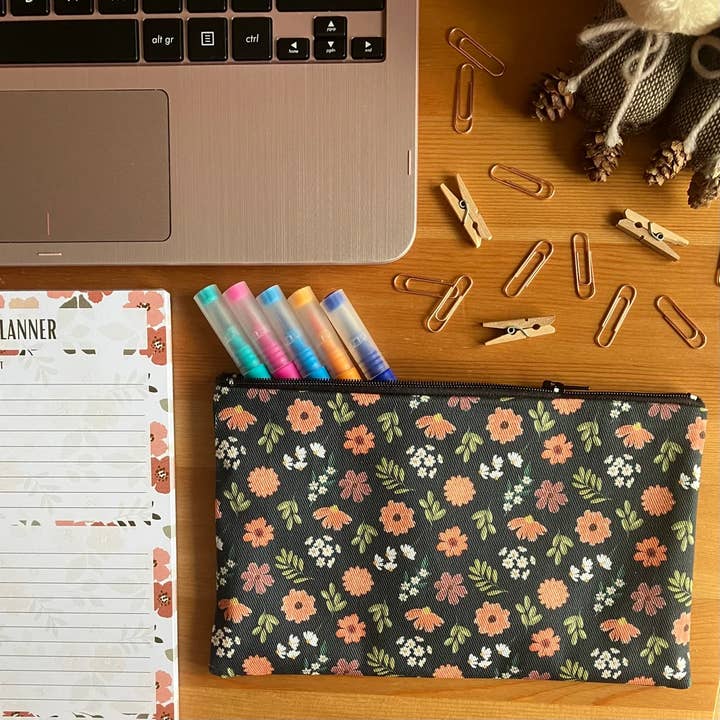 SH Designs – wholesale Pencil case/pouch – Blue and Orange Floral Handmade Zipped Pencil Case 2